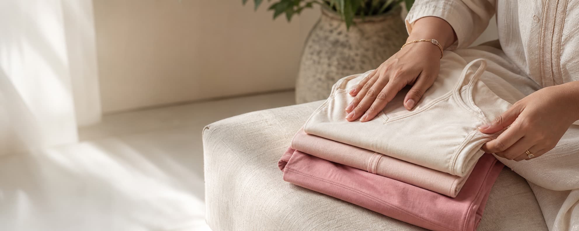 Soft cotton camisoles folded in cream and pink