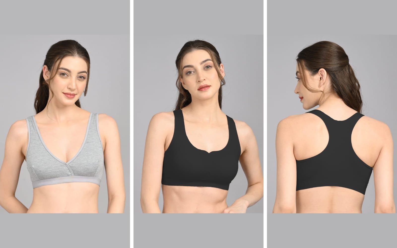 A grey cotton lycra sports bra, and a black racer back bra seen from the front and back