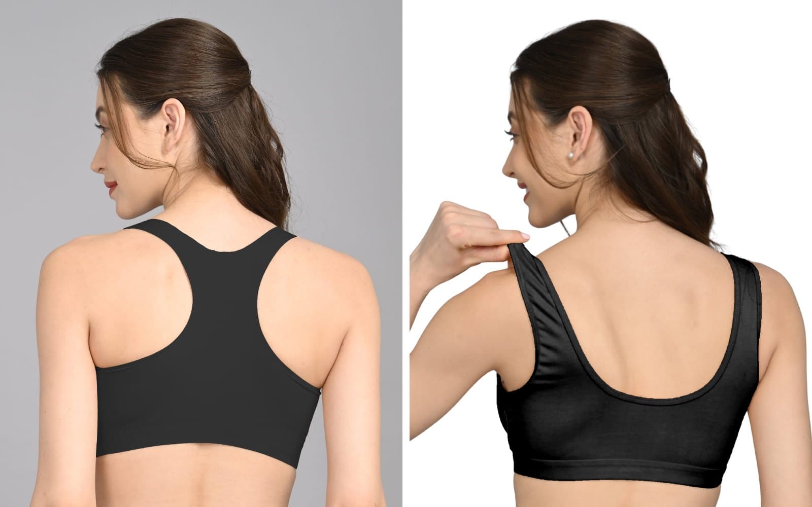 A black racer back bra and a wide-strap sports bra from behind, two styles that spread the load off the shoulders