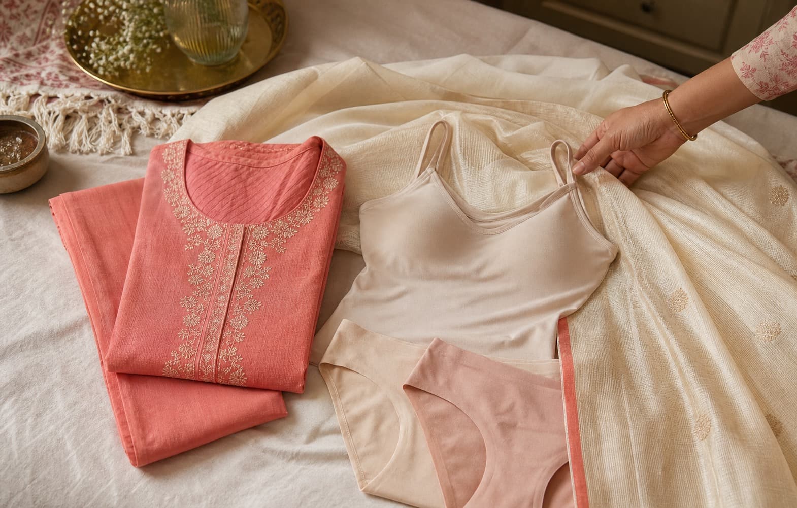 Folded camisoles and everyday innerwear in neutral shades