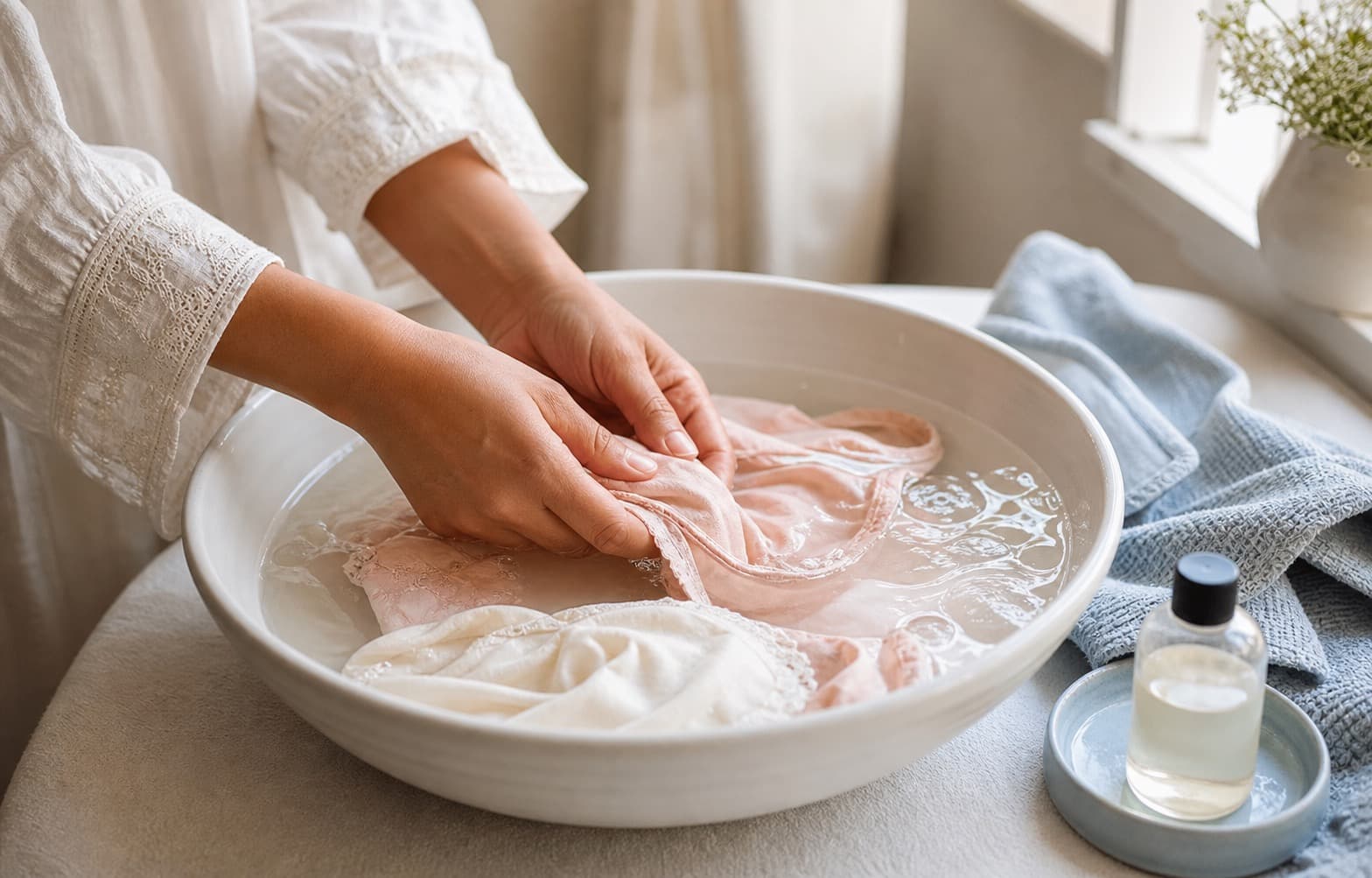 Hand-washing delicates in a basin of cool water