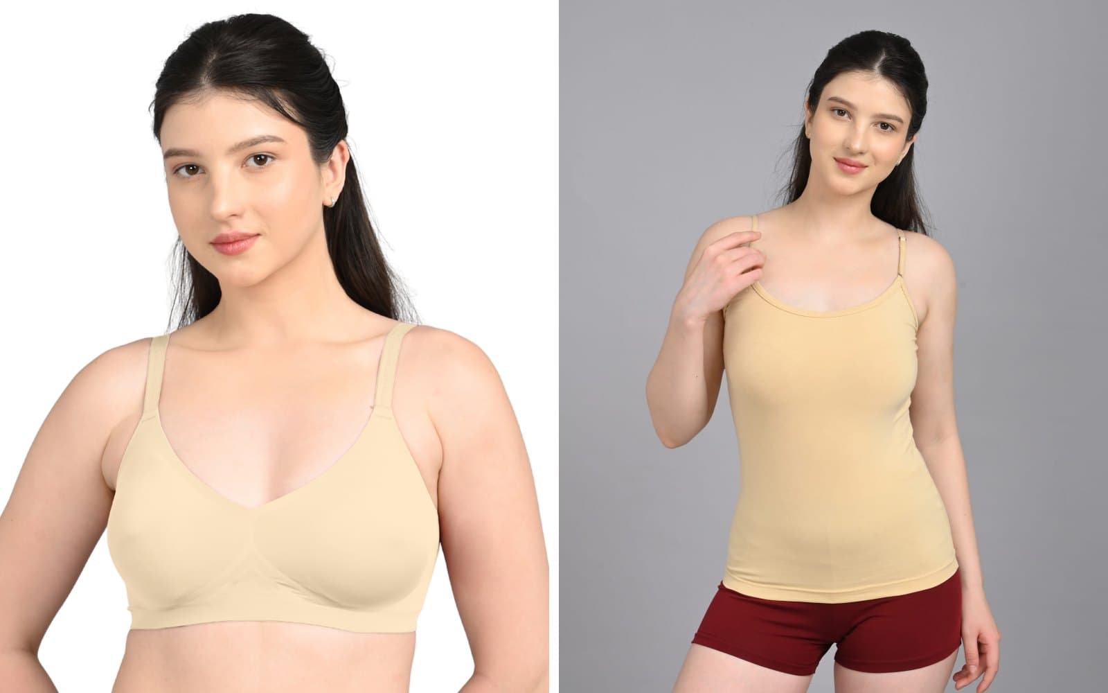 A beige seamless bra and a beige cotton camisole, the two layers that disappear under a white kurti