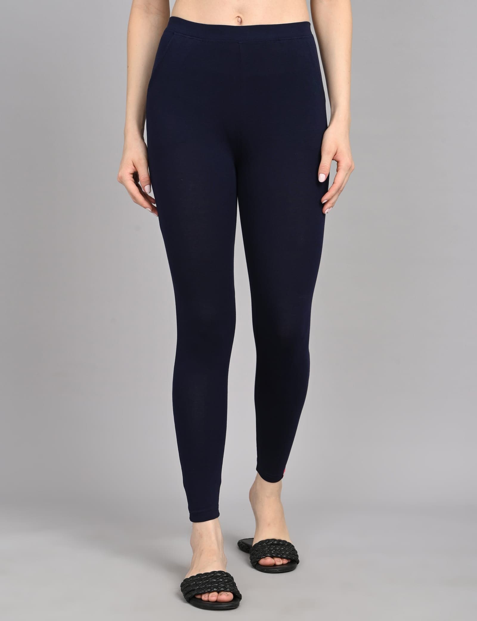 Navy ankle-length leggings, front view