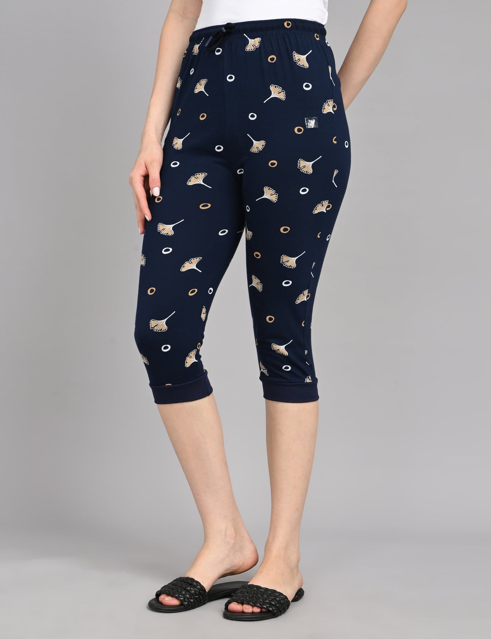 Printed Capri Shorts with Pockets & Drawstring in navy blue, front view