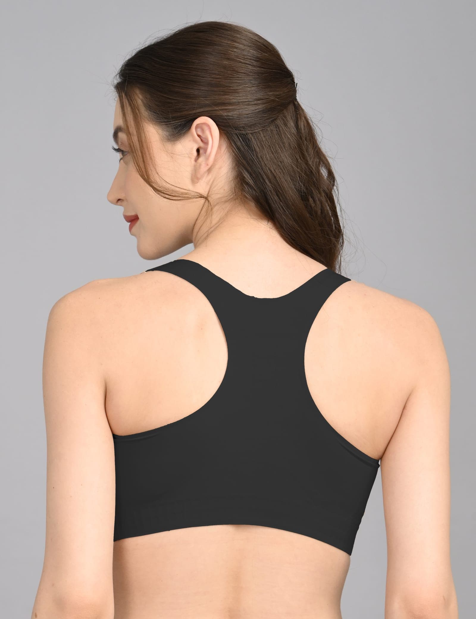 Black racer back bra from behind, showing the racer straps