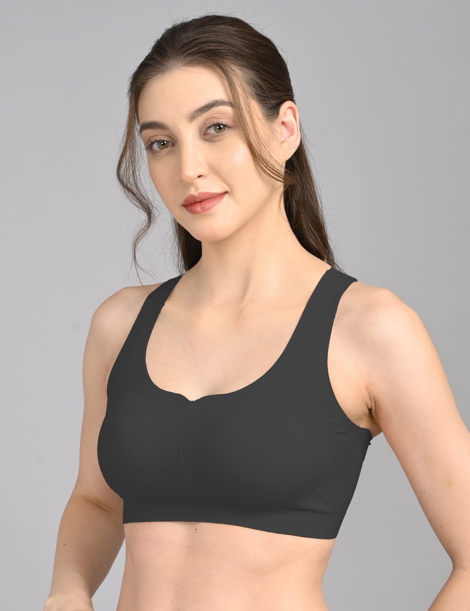 Black racer back bra, three-quarter view