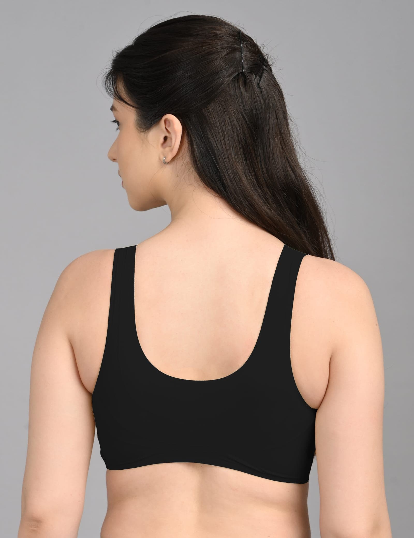 Black U-shape back bra from behind, showing the deep U-cut back and wide straps