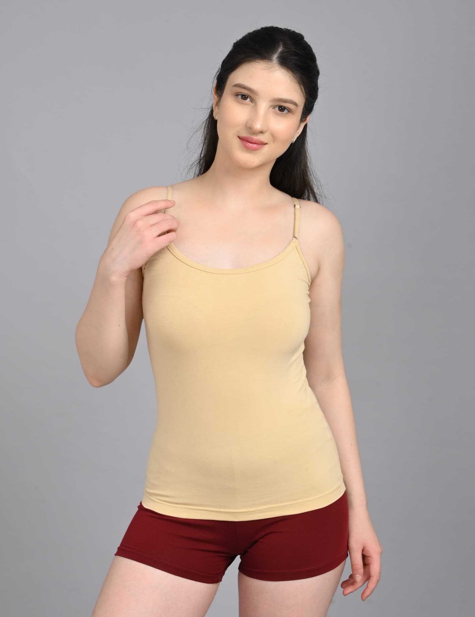 So Glamy Women’s Cotton Camisole with Adjustable Straps | Beige, front view
