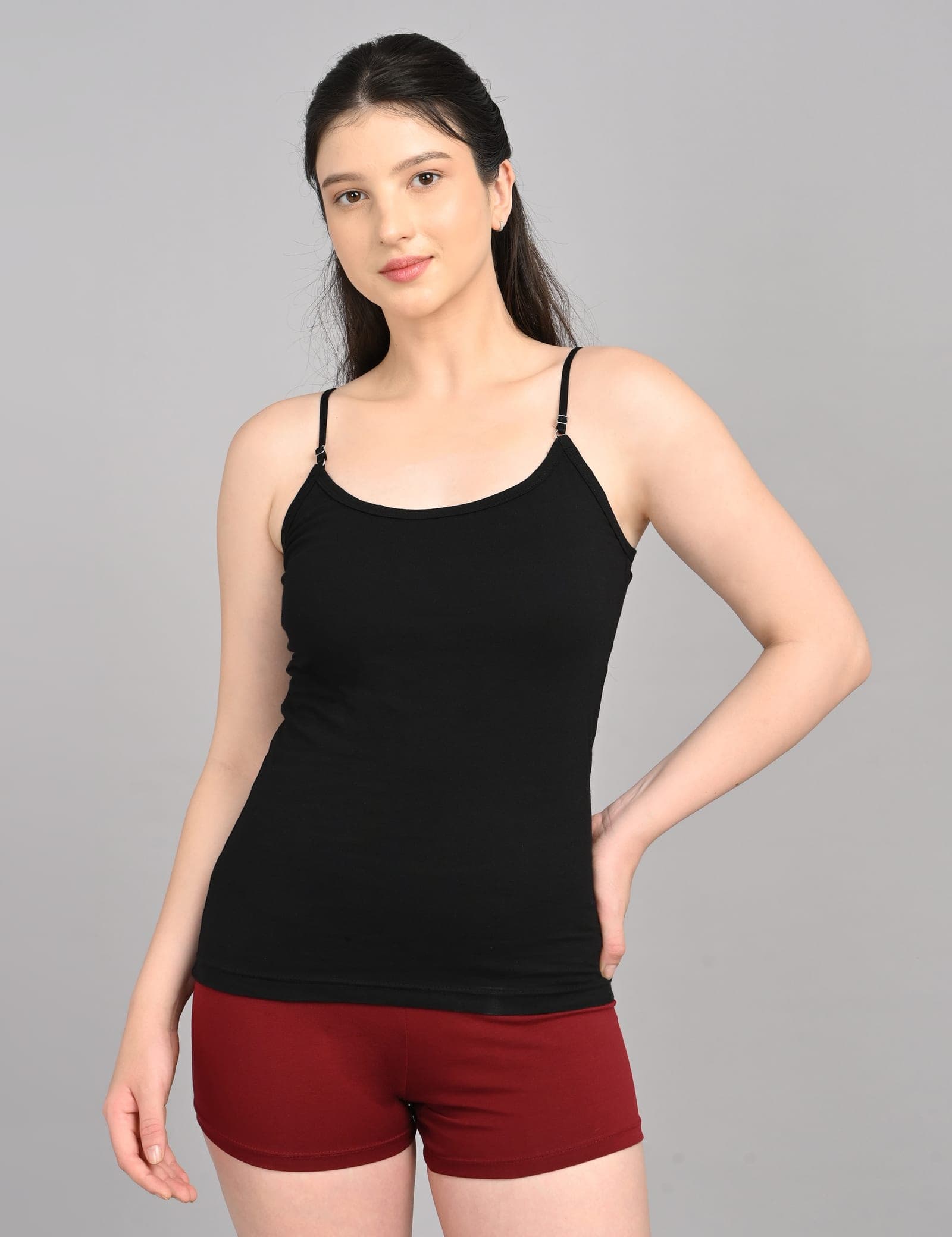 So Glamy Women’s Cotton Camisole with Adjustable Straps – Black, front view