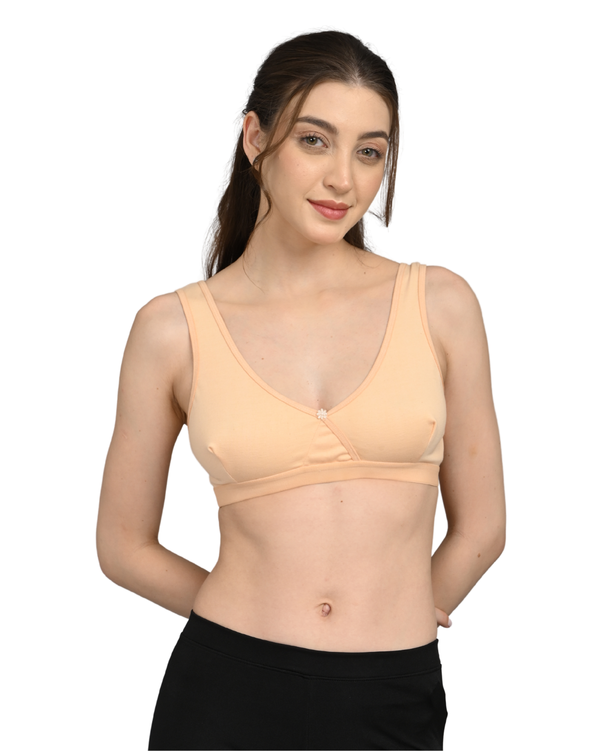 Non Padded Sports Bra | V Neck Design | Wide Straps Support | Breathable Fabric | Everyday Comfort Fit | Begie