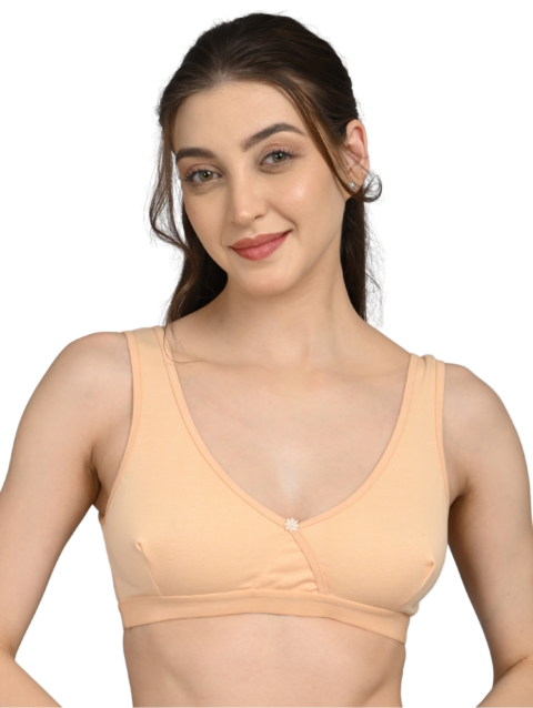 Non Padded Sports Bra | V Neck Design | Wide Straps Support | Breathable Fabric | Everyday Comfort Fit | Begie