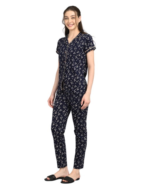 Women’s Cotton Night Suit Set | Soft Printed Shirt & Pyjama | Comfortable Sleepwear | Blue