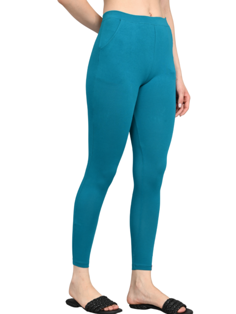 Cotton Leggings for Women with Pockets | Mid Waist | Slim Fit | Stretchable Everyday Wear | Blue