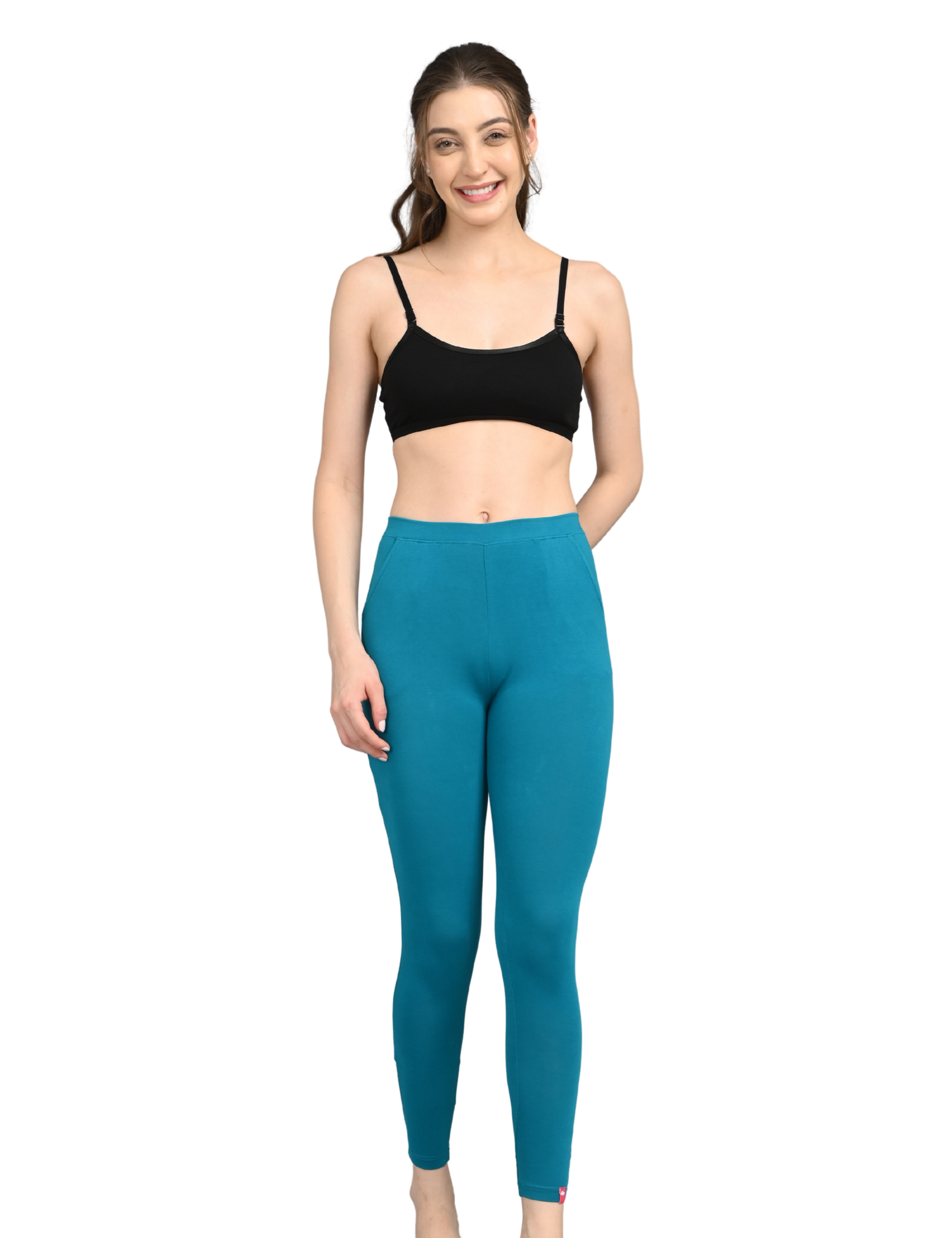 Cotton Leggings for Women with Pockets | Mid Waist | Slim Fit | Stretchable Everyday Wear | Green