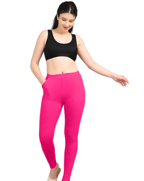 Cotton Leggings for Women with Pockets | Mid Waist | Slim Fit | Stretchable Everyday Wear | Fushia