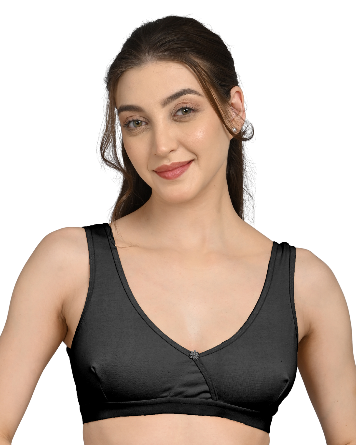Non Padded Sports Bra | V Neck Design | Wide Straps Support | Breathable Fabric | Everyday Comfort Fit | Black