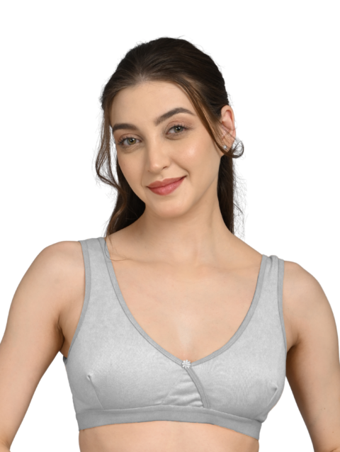 Non Padded Sports Bra | V Neck Design | Wide Straps Support | Breathable Fabric | Everyday Comfort Fit | Grey