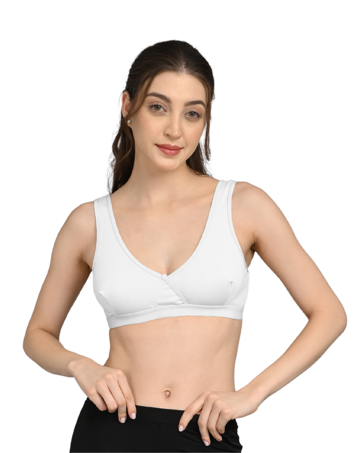 Non Padded Sports Bra | V Neck Design | Wide Straps Support | Breathable Fabric | Everyday Comfort Fit | White