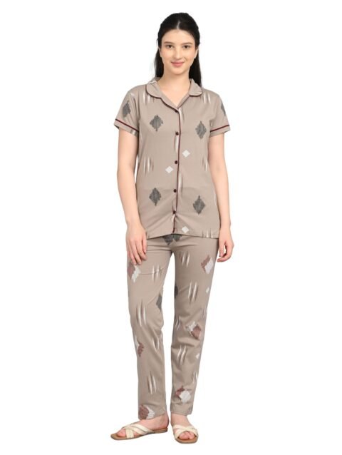 Women’s Cotton Night Suit Set | Soft Printed Shirt & Pyjama | Comfortable Sleepwear | Light beige