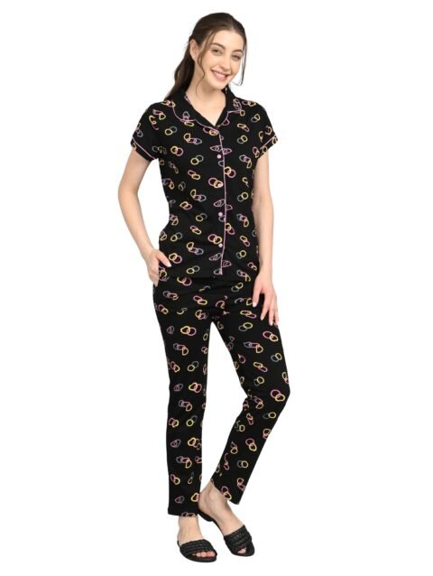 Women’s Cotton Night Suit Set | Soft Printed Shirt & Pyjama | Comfortable Sleepwear | black