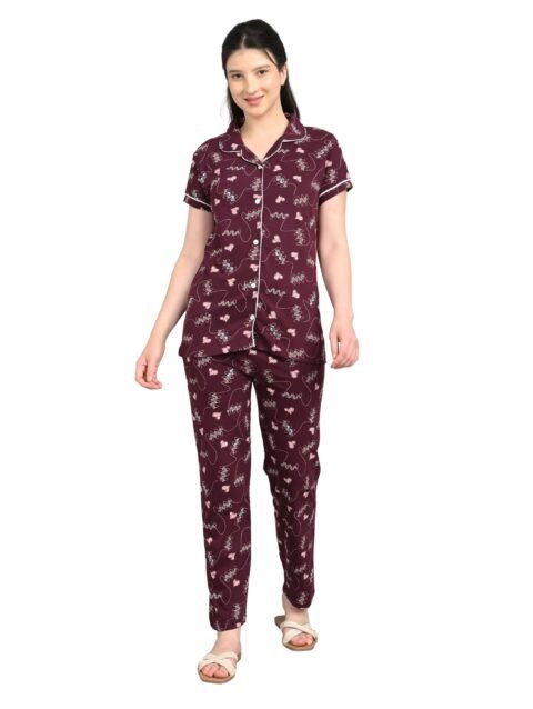 Women’s Cotton Night Suit Set | Soft Printed Shirt & Pyjama | Comfortable Sleepwear | Burgundy