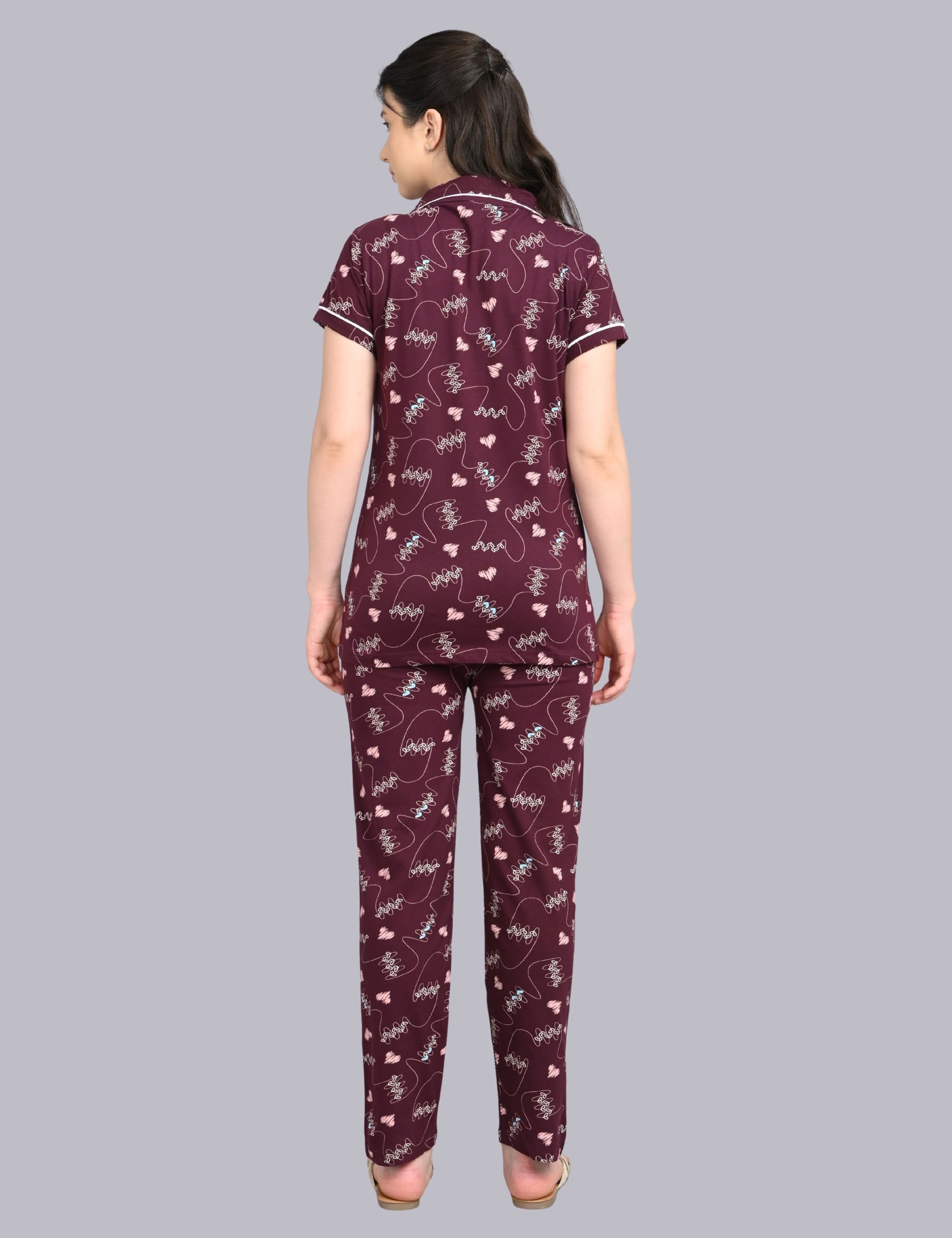 Women’s Cotton Night Suit Set | Soft Printed Shirt & Pyjama | Comfortable Sleepwear | Burgundy - Image 2