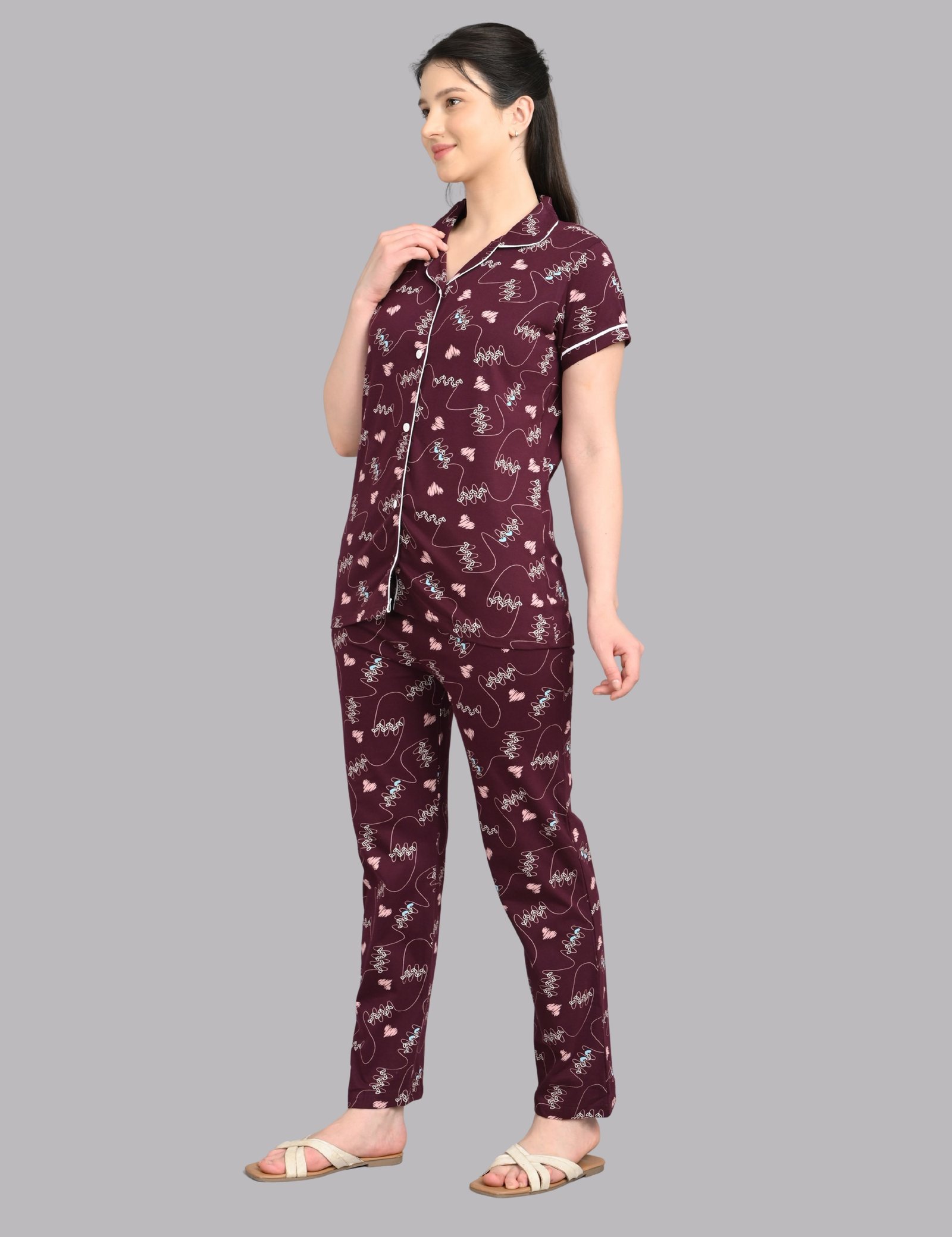 Women’s Cotton Night Suit Set | Soft Printed Shirt & Pyjama | Comfortable Sleepwear | Burgundy - Image 5