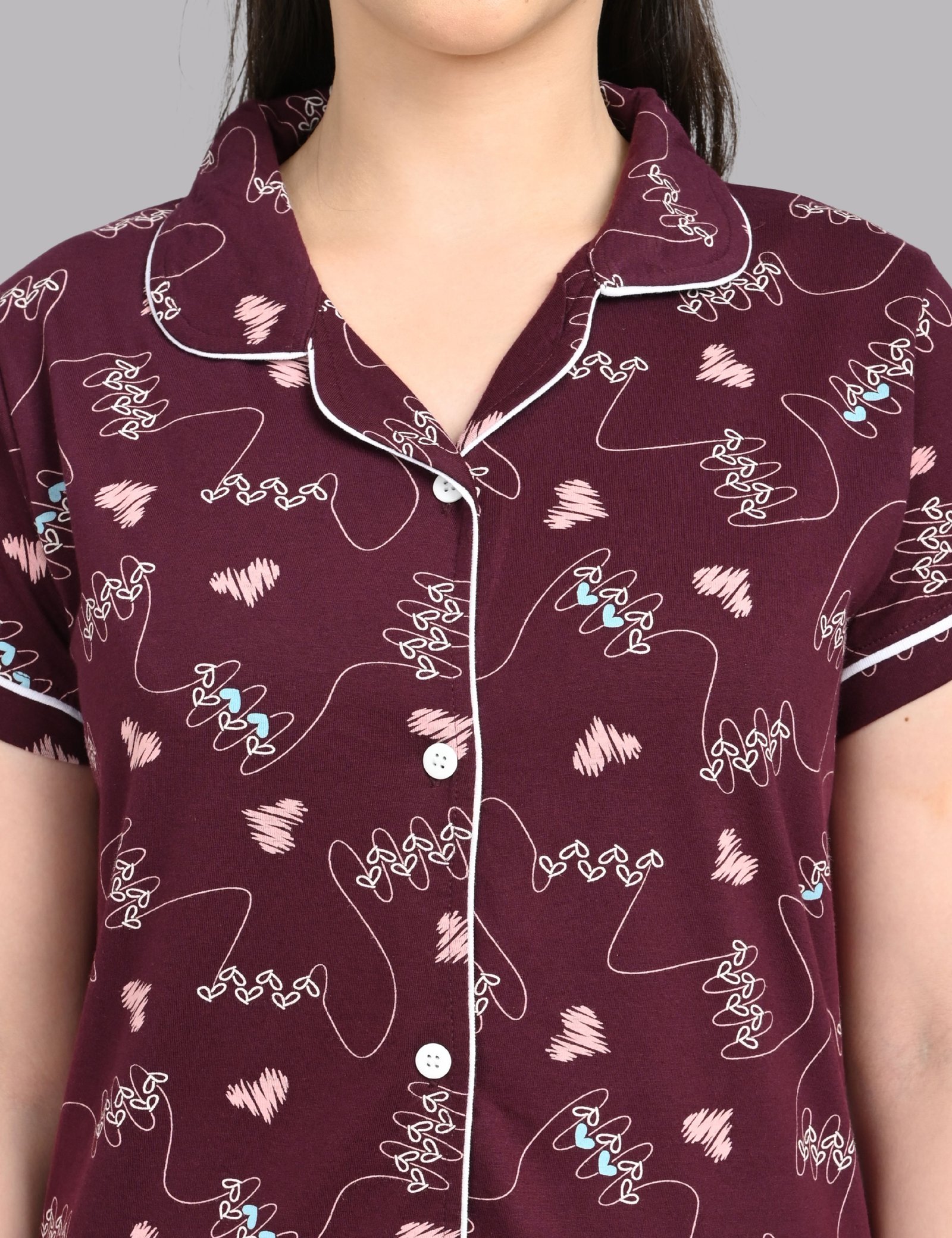 Women’s Cotton Night Suit Set | Soft Printed Shirt & Pyjama | Comfortable Sleepwear | Burgundy - Image 3
