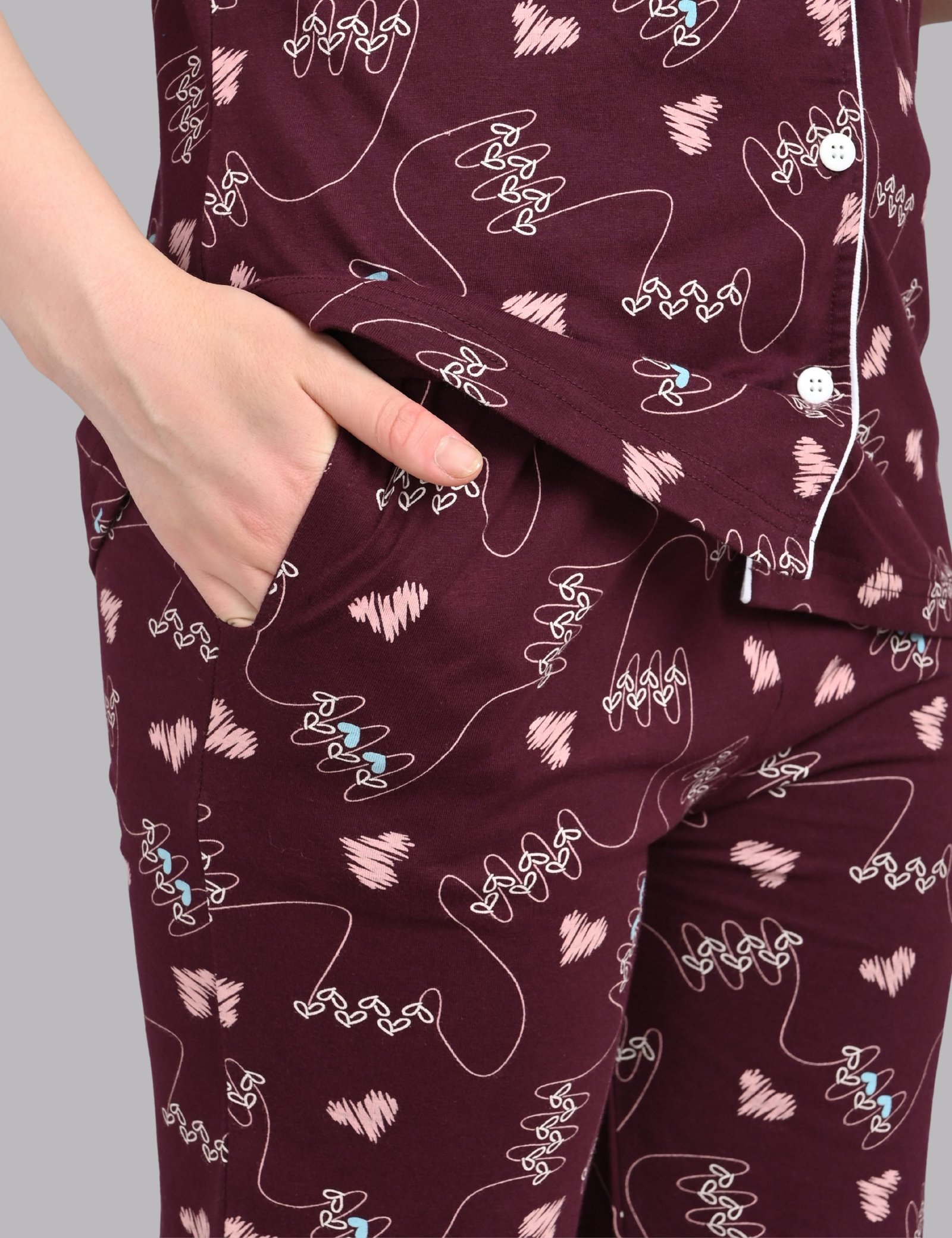 Women’s Cotton Night Suit Set | Soft Printed Shirt & Pyjama | Comfortable Sleepwear | Burgundy - Image 4