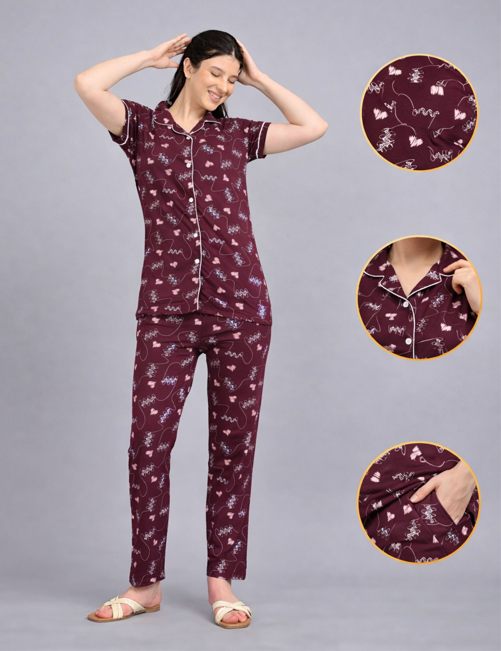 Women’s Cotton Night Suit Set | Soft Printed Shirt & Pyjama | Comfortable Sleepwear | Burgundy - Image 7