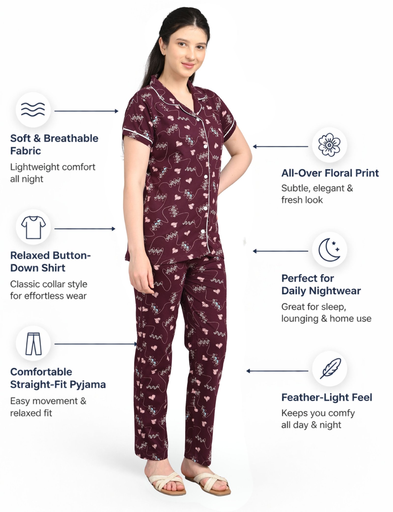 Women’s Cotton Night Suit Set | Soft Printed Shirt & Pyjama | Comfortable Sleepwear | Burgundy - Image 6
