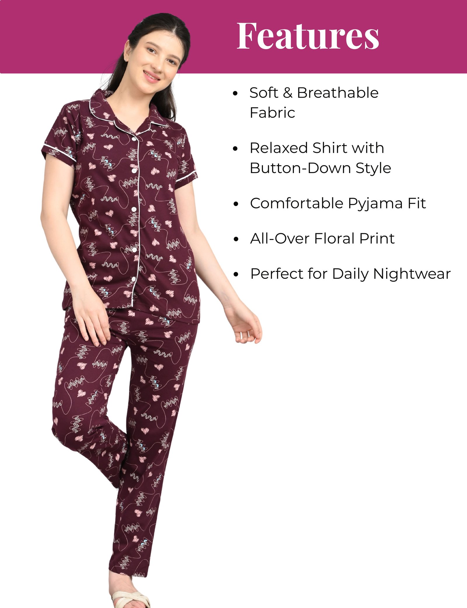 Women’s Cotton Night Suit Set | Soft Printed Shirt & Pyjama | Comfortable Sleepwear | Burgundy - Image 8
