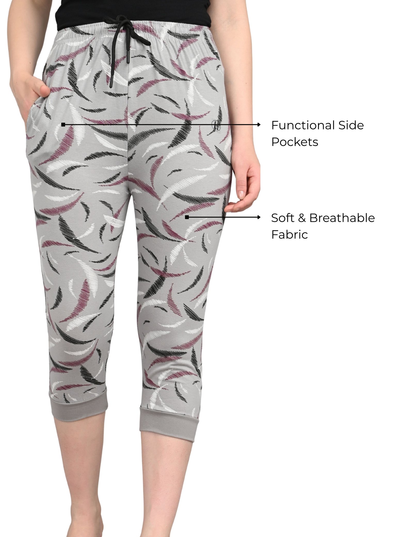 Women’s Grey Printed Capri Shorts with Pockets & Drawstring | Comfortable Lounge Wear - Image 4