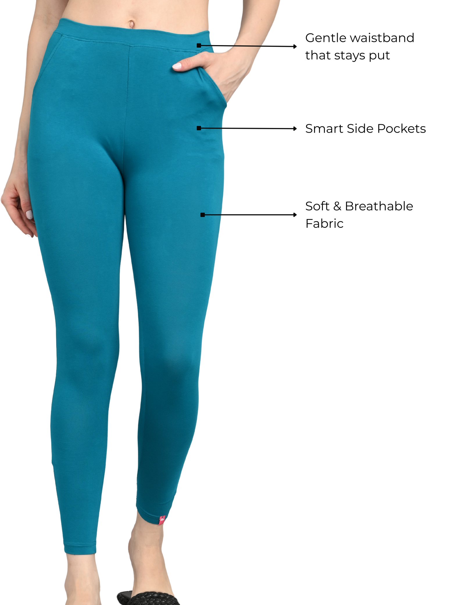 Cotton Leggings for Women with Pockets | Mid Waist | Slim Fit | Stretchable Everyday Wear | Green - Image 4