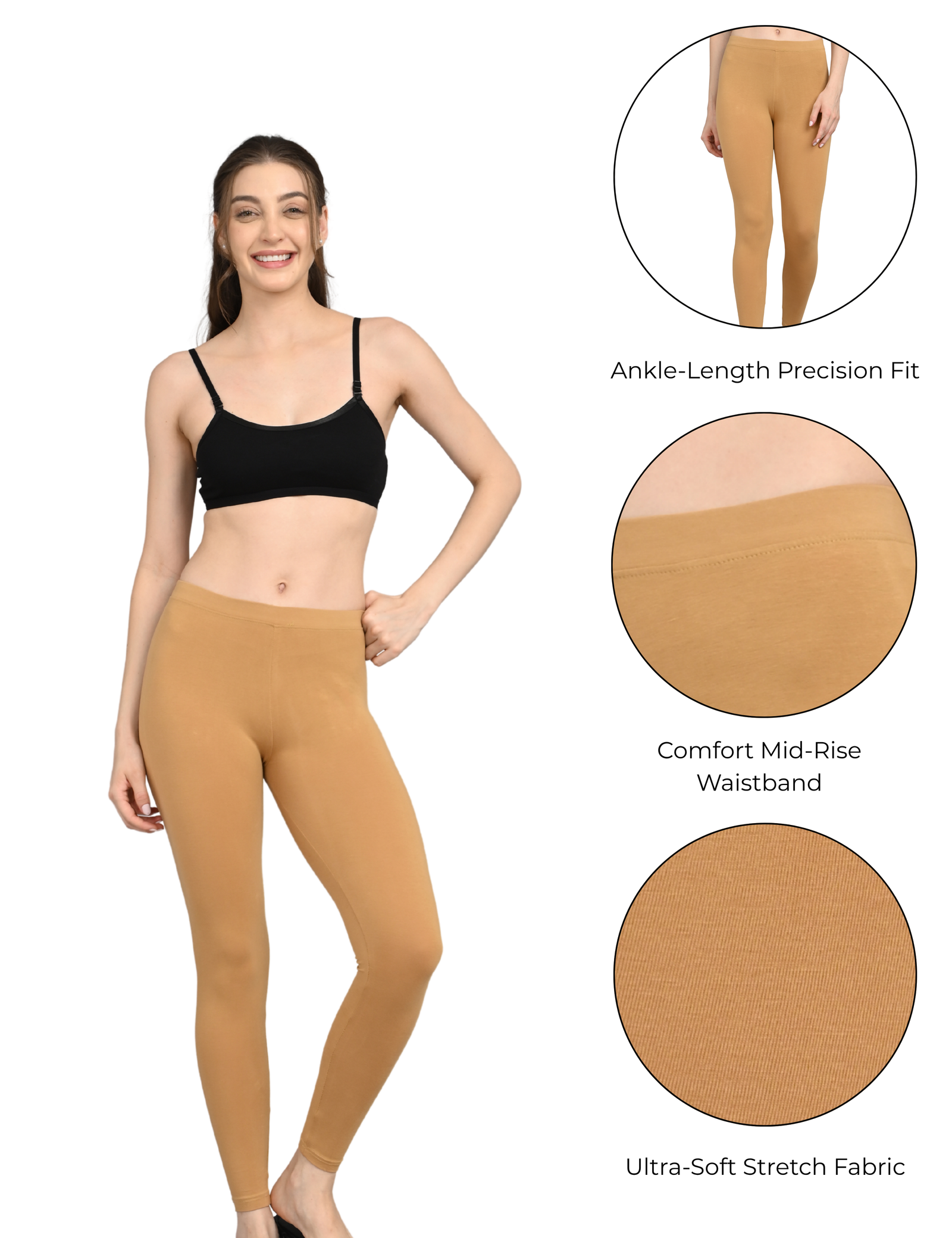 Ankle Length Cotton Lycra Leggings for Women | Mid Waist | Slim Fit Stretchable - Image 5