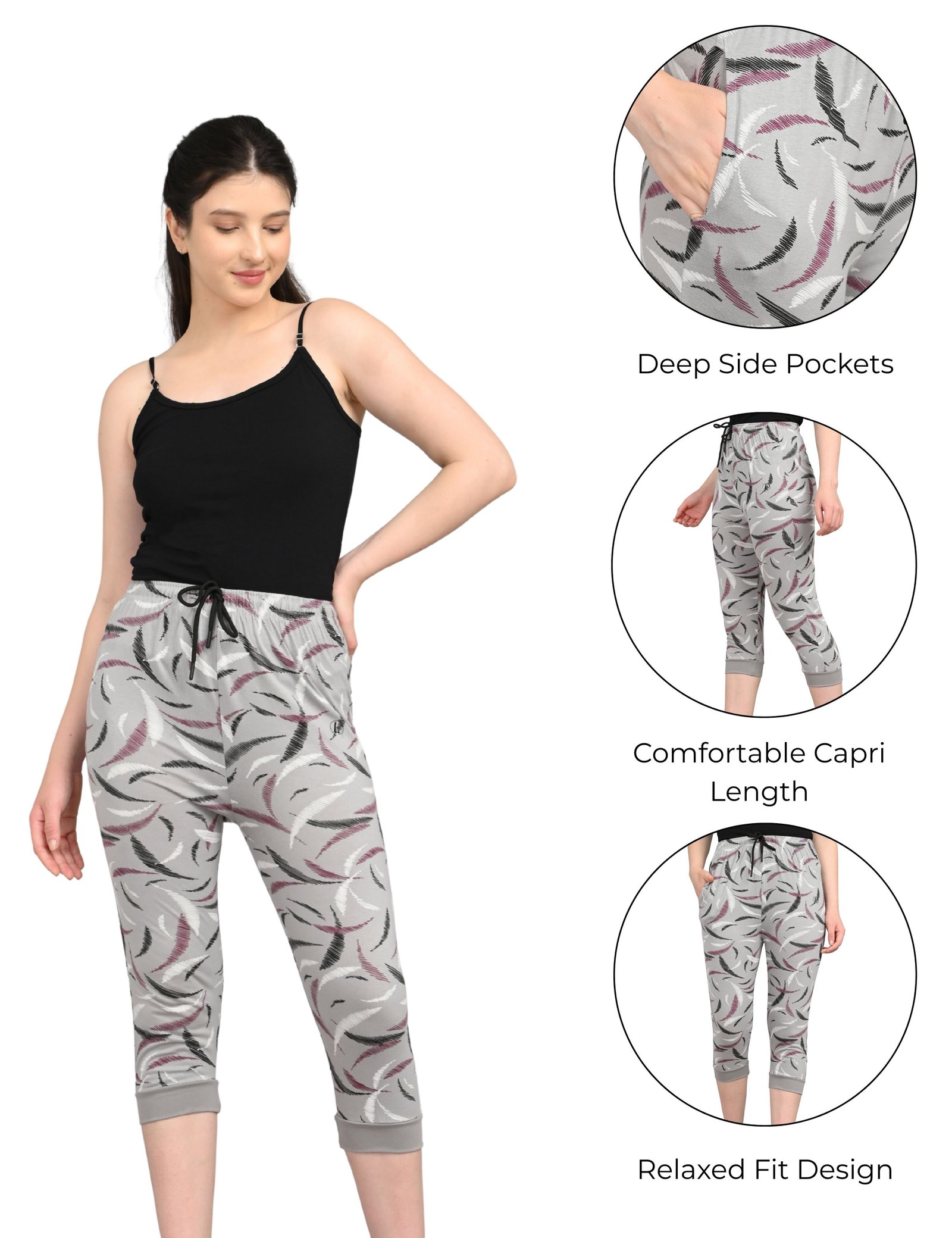 Women’s Grey Printed Capri Shorts with Pockets & Drawstring | Comfortable Lounge Wear - Image 5