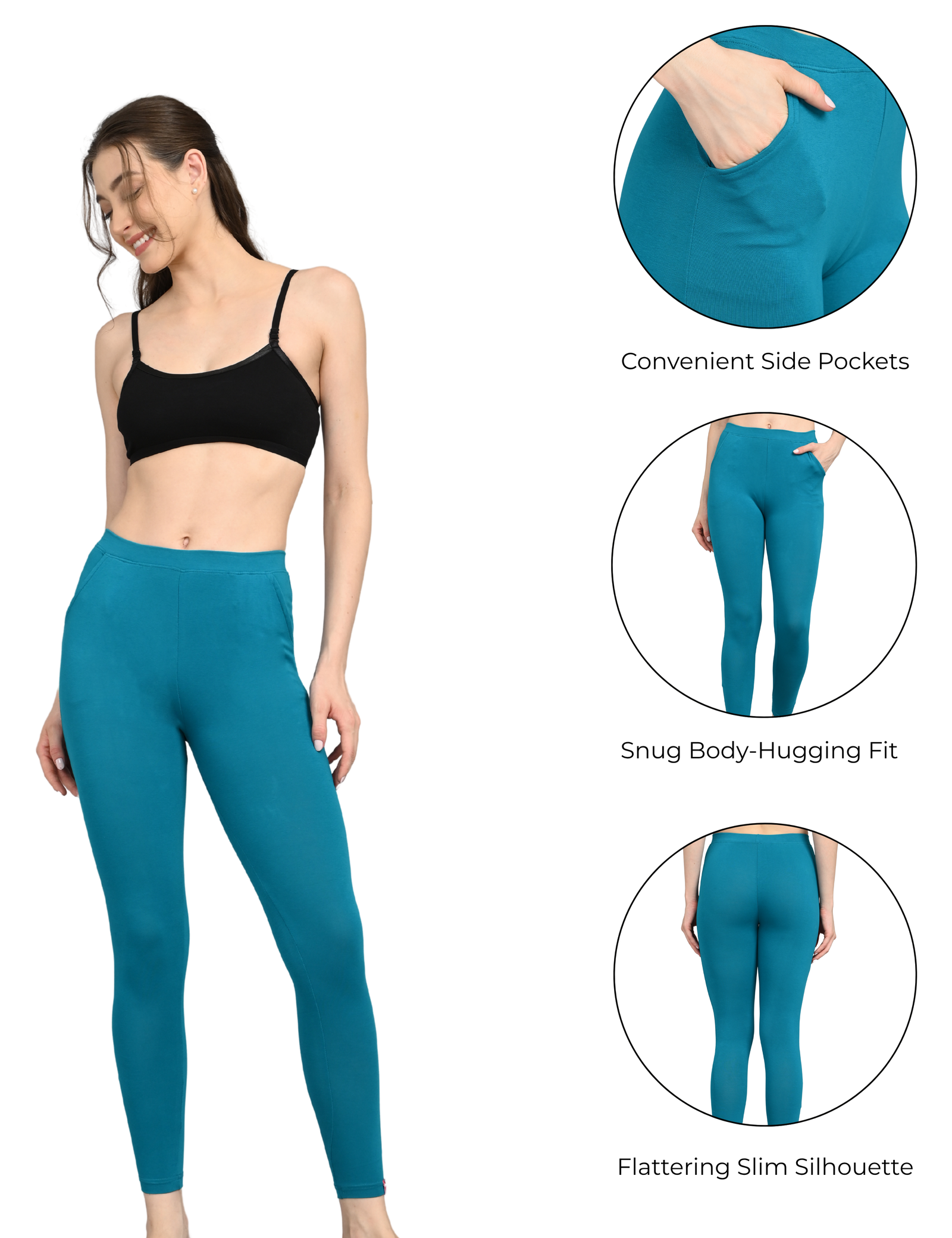 Cotton Leggings for Women with Pockets | Mid Waist | Slim Fit | Stretchable Everyday Wear | Green - Image 5