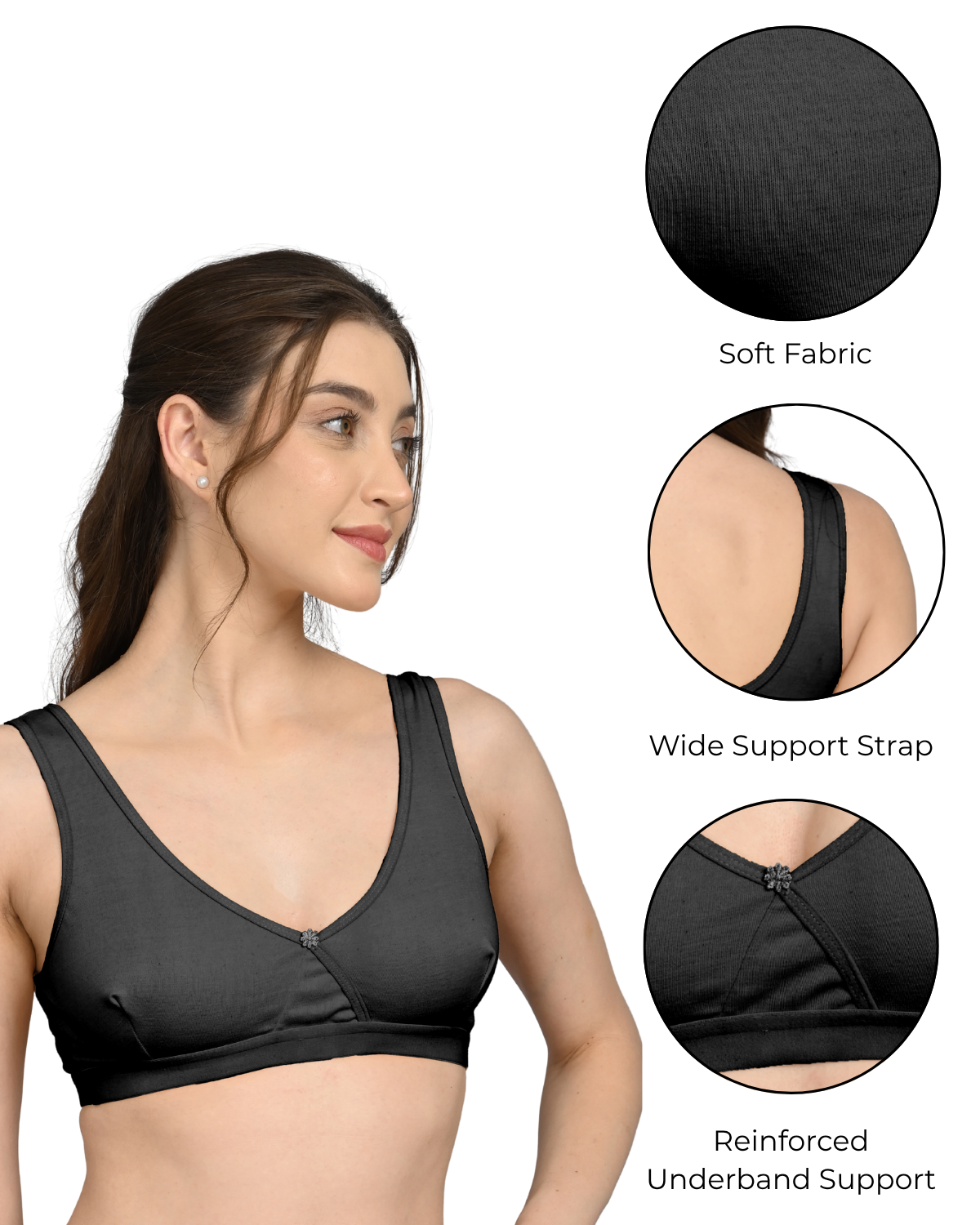 Non Padded Sports Bra | V Neck Design | Wide Straps Support | Breathable Fabric | Everyday Comfort Fit | Black - Image 5