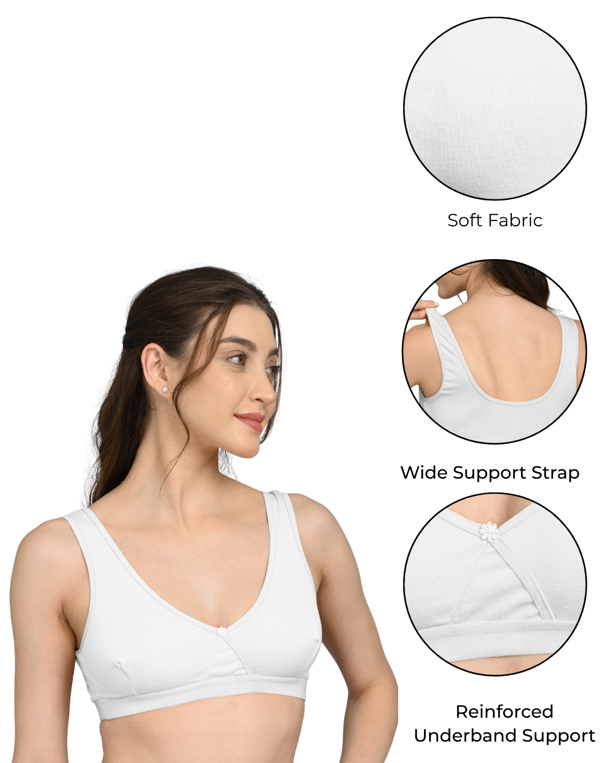 Non Padded Sports Bra | V Neck Design | Wide Straps Support | Breathable Fabric | Everyday Comfort Fit | White - Image 5