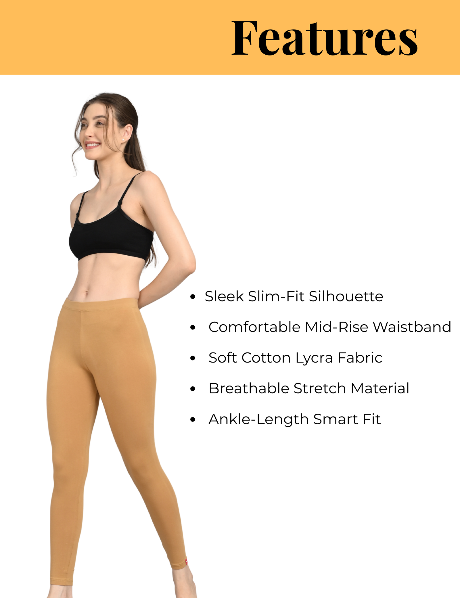 Ankle Length Cotton Lycra Leggings for Women | Mid Waist | Slim Fit Stretchable - Image 6