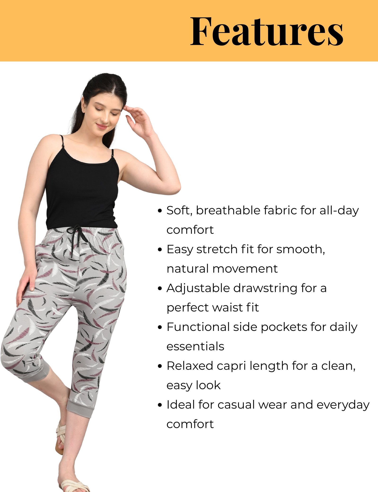 Women’s Grey Printed Capri Shorts with Pockets & Drawstring | Comfortable Lounge Wear - Image 6