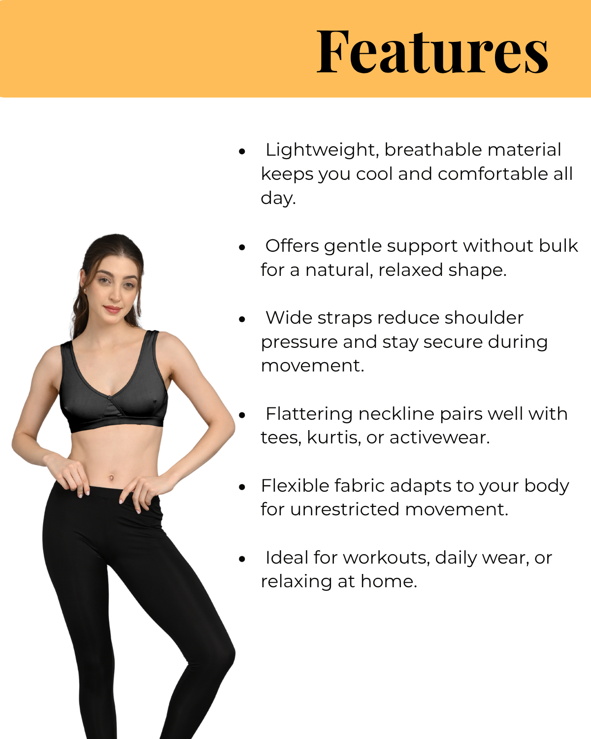 Non Padded Sports Bra | V Neck Design | Wide Straps Support | Breathable Fabric | Everyday Comfort Fit | Black - Image 6