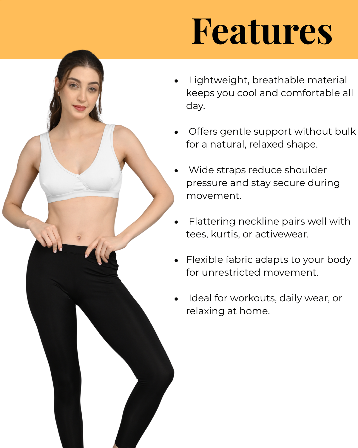 Non Padded Sports Bra | V Neck Design | Wide Straps Support | Breathable Fabric | Everyday Comfort Fit | White - Image 6
