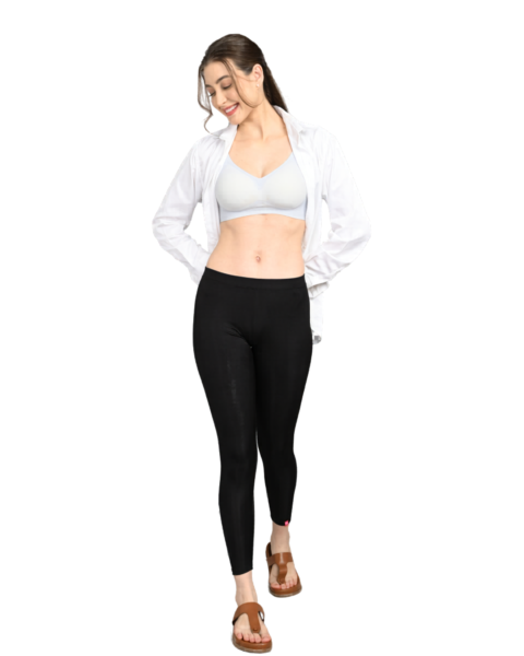 Ankle Length Cotton Lycra Leggings for Women | Mid Waist | Slim Fit Stretchable | Black