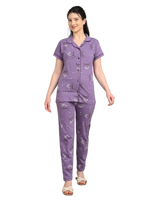 Women’s Cotton Night Suit Set | Soft Printed Shirt & Pyjama | Comfortable Sleepwear | Lavender Purple