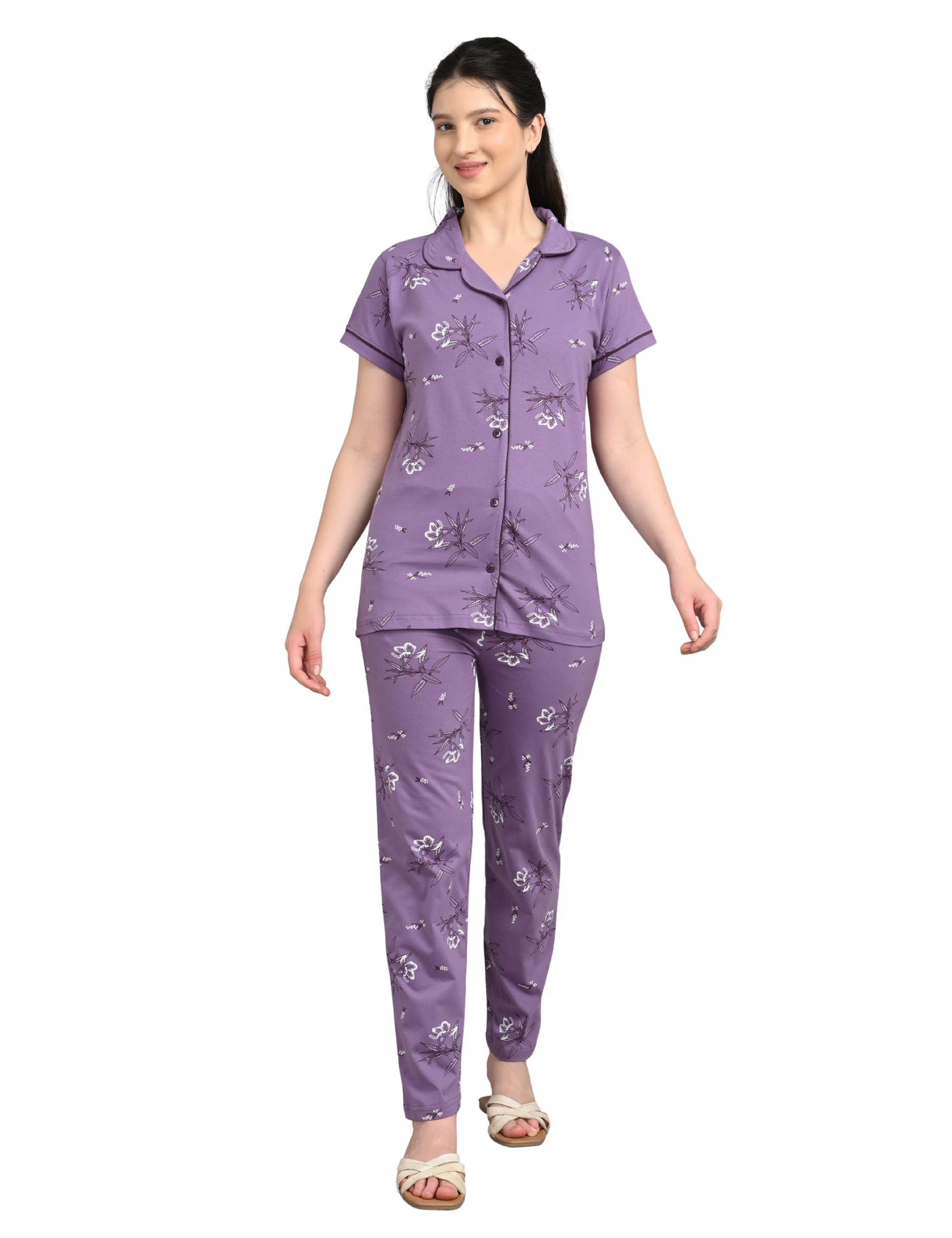 Women’s Cotton Night Suit Set | Soft Printed Shirt & Pyjama | Comfortable Sleepwear | Lavender Purple