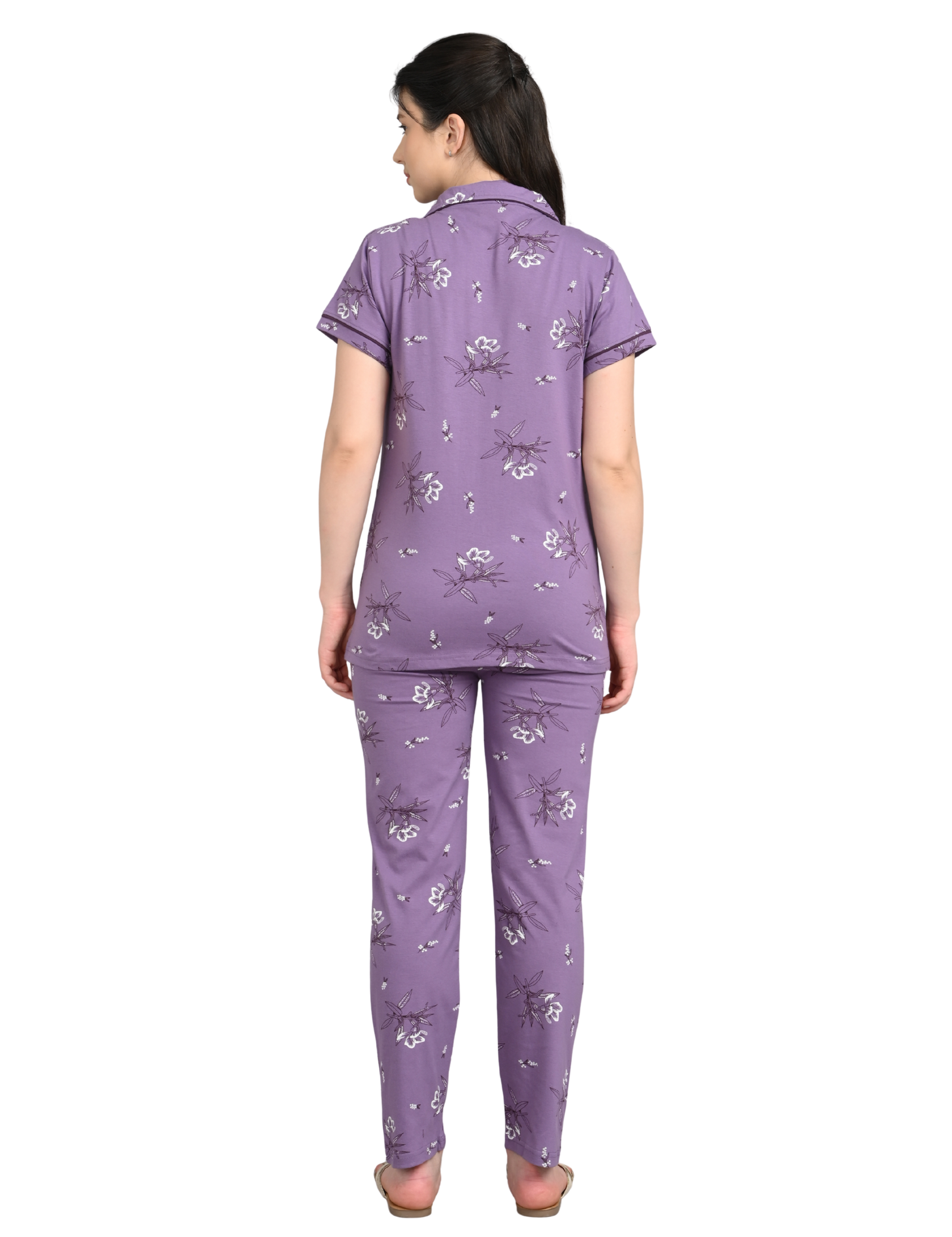 Women’s Cotton Night Suit Set | Soft Printed Shirt & Pyjama | Comfortable Sleepwear | Lavender Purple - Image 2