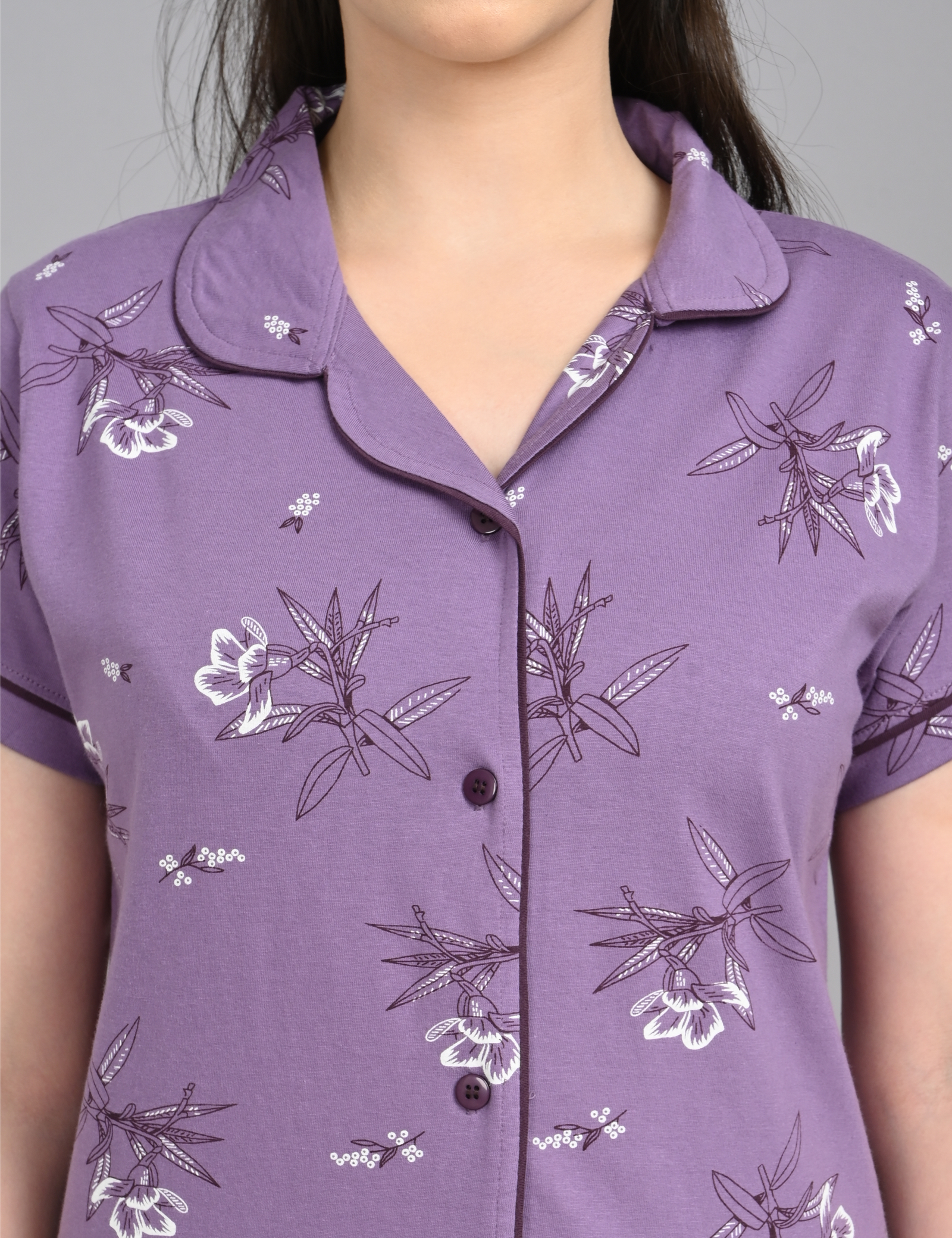 Women’s Cotton Night Suit Set | Soft Printed Shirt & Pyjama | Comfortable Sleepwear | Lavender Purple - Image 3