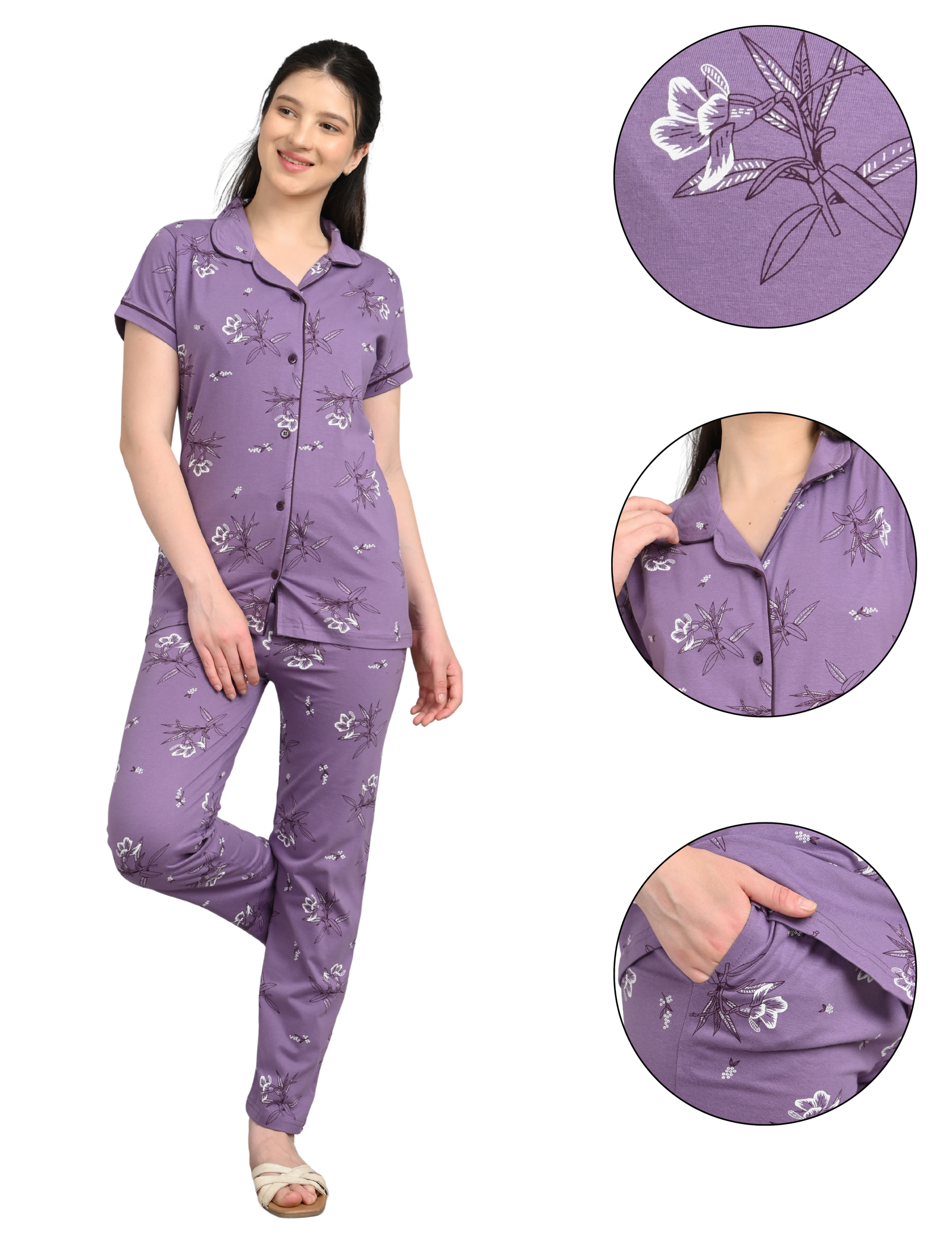 Women’s Cotton Night Suit Set | Soft Printed Shirt & Pyjama | Comfortable Sleepwear | Lavender Purple - Image 5