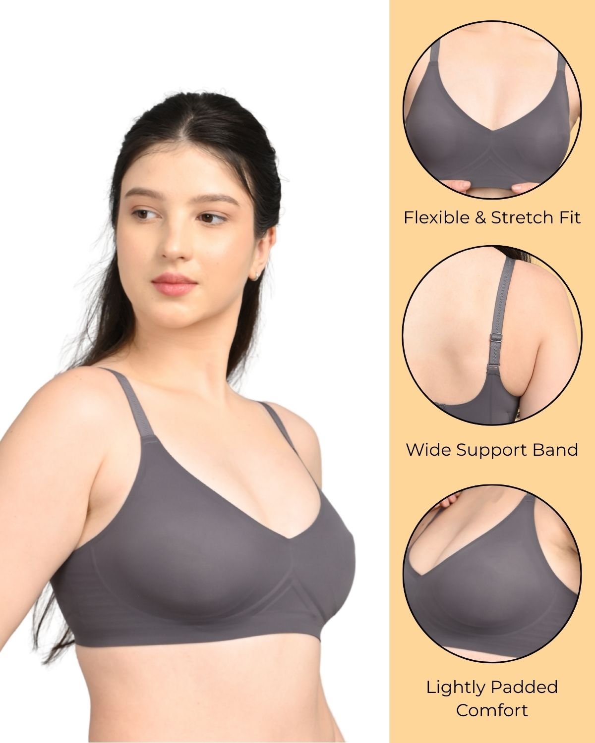 Seamless Full Coverage Light Padded Bra for Women | Smooth Fit | Invisible Under Clothes | Blakish Grey - Image 5